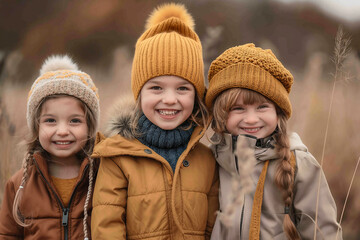 Fototapeta premium Three young girls are smiling and wearing hats and jackets