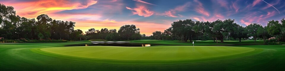 A golf course with a sunset in the background