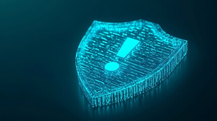 Digital shield with an exclamation mark, symbolizing cybersecurity alert and information protection in a virtual environment.