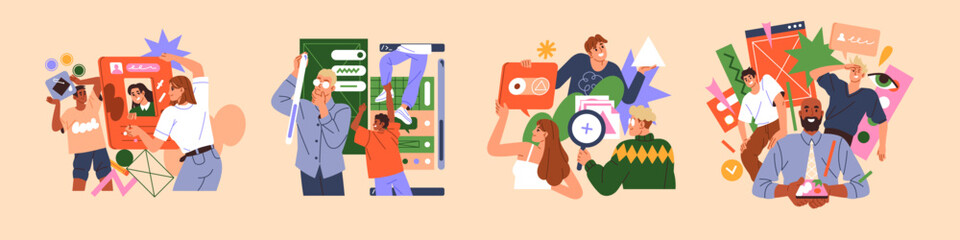 UX UI design in app development set. Designers create user interface for digital devices. Creative team does redesign, update of GUI. Creation of UIUX wireframes. Flat isolated vector illustrations
