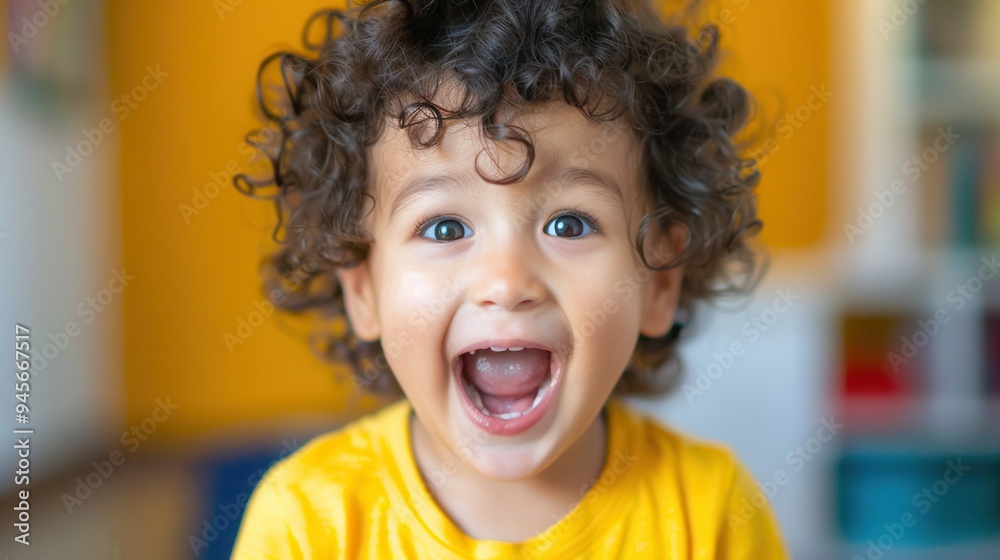 Poster a young child with curly hair joyfully laughs while playing in a vibrant indoor space filled with co