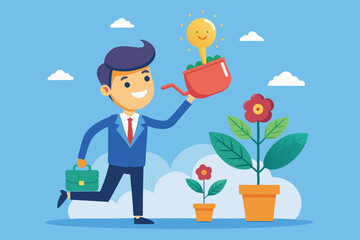 Growth mindset positive attitude to learn new thing, improvement to success, brain motivation or challenge to achieve goal, learning concept, businessman watering growth seedling on his brain.
