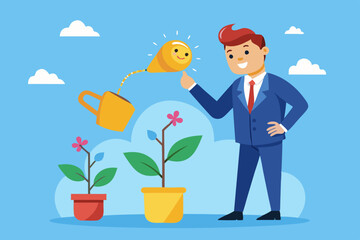 Growth mindset positive attitude to learn new thing, improvement to success, brain motivation or challenge to achieve goal, learning concept, businessman watering growth seedling on his brain.
