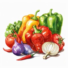 A colorful watercolor painting of a still life arrangement featuring a selection of fresh vegetables, including bell peppers, tomatoes, garlic, and onions