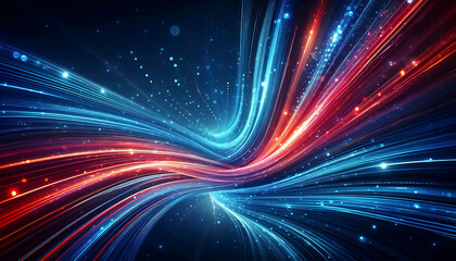 Obraz premium Abstract digital artwork featuring vibrant blue and red light trails swirling against a dark background with glowing dots that add depth and dimension to the design