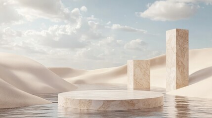 An empty podium made of marble, designed for cosmetics display, with geometric stone accents and a natural setting of sand dunes, water, and a cloudy sky in a 3D minimal background.