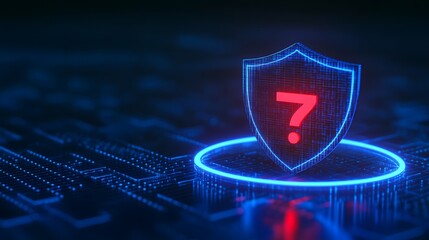 Digital shield with red question mark symbolizing cybersecurity threat or vulnerability on a digital background.