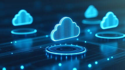 Digital visualization of cloud computing technology showing data storage and network connectivity with neon blue light design.