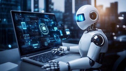 Fototapeta premium Chatbot Chat with AI, Artificial Intelligence. man using technology smart robot AI, artificial intelligence by enter command prompt for generates something, Futuristic technology transformation.