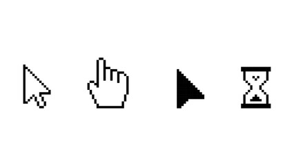  Cursor icon set, cursor pointers, mouse click cursor, arrow, hourglass, computer mouse, 8-bit, pixel cursor icon set, hand, loading icon, pixel art.