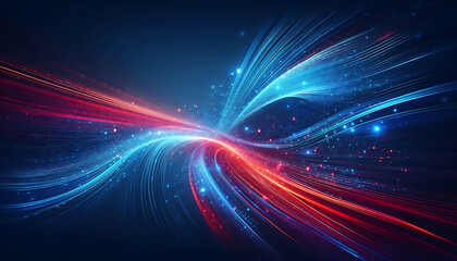Abstract digital artwork featuring vibrant blue and red light trails swirling against a dark background with glowing dots that add depth and dimension to the design