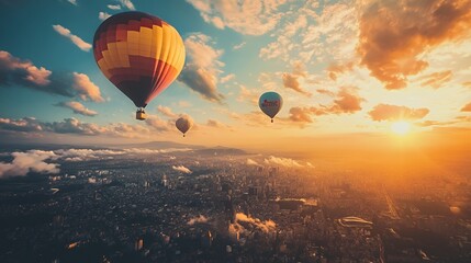 Obraz premium Hot air balloons soaring over a cityscape at sunset, creating a serene travel experience.