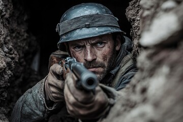 World war one soldier with dirt on his face aiming his rifle while taking cover in a trench