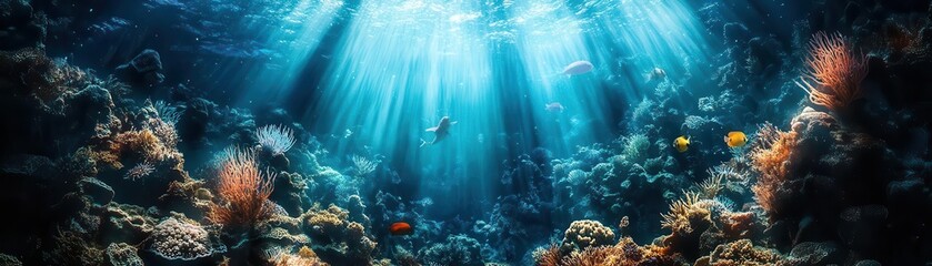 Fototapeta premium Colorful fish swim among vibrant coral reefs in a tropical ocean.
