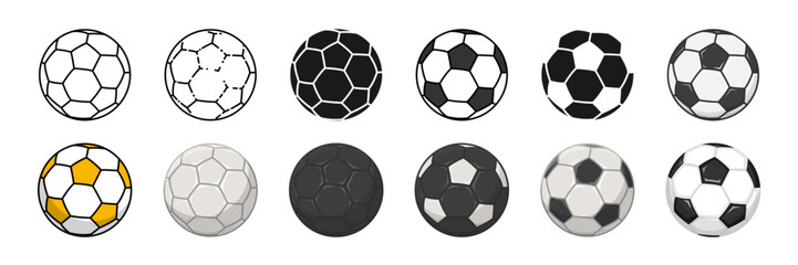 Football ball icon set. Line, silhouette and flat style vector illustration. Soccer tournament symbol