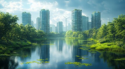 Futuristic eco-friendly technology concept, featuring solar panels, wind turbines, and green technology integrated into a modern urban landscape with clean energy solutions.