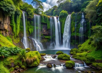 Fototapeta premium Cascading waterfalls nearby Piedra Volada, with lush green vegetation and a tranquil atmosphere, a realistic photo image.