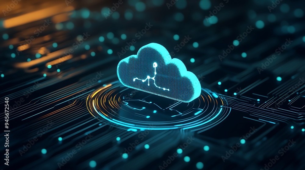 Poster futuristic cloud computing technology concept showing digital interface and data transfer in a high-