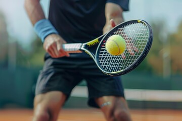 A man is playing tennis with a yellow ball