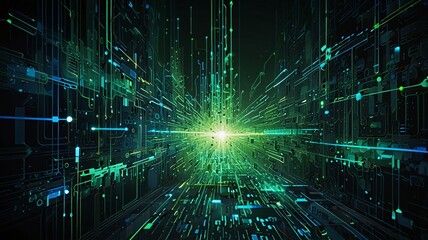 A dynamic illustration depicting a burst of green and blue digital lights, representing the energy and speed of data transmission in a virtual space.