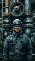 Focused Industrial Worker in Protective Gear Facing the Machinery of Progress
