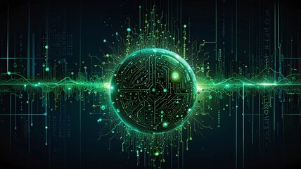 A dynamic illustration depicting a burst of green and blue digital lights, representing the energy and speed of data transmission in a virtual space.