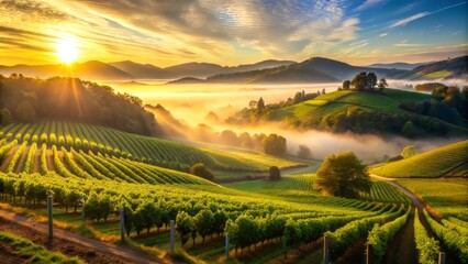 Naklejka premium Warm sunlight filters through the morning mist, highlighting the lush green vineyards and rolling hills, a realistic photo image.