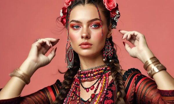 A model exudes elegance dressed in rich traditional garments adorned with intricate jewelry, surrounded by a vivid coral backdrop that enhances her beauty