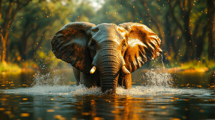 Fototapeta premium A majestic elephant bathing in a river, captured in a serene forest environment