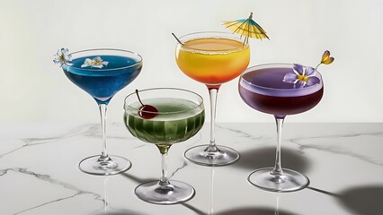 An illustrated set of fancy drink cocktails isolated on white.
