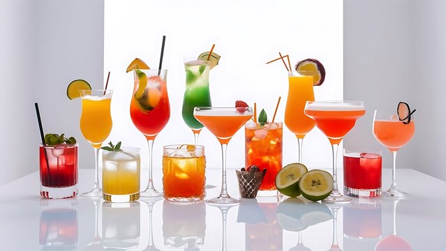 Set of cocktails soft and longdrinks in front of white background