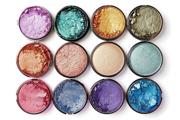 collection of make up eye shadows on white background. each one is shot separately