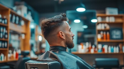 Fototapeta premium A man with a stylish haircut sits in a barber chair in a modern barbershop, surrounded by grooming products and mirrors this image is ideal for promoting barbershops, hairstyling services