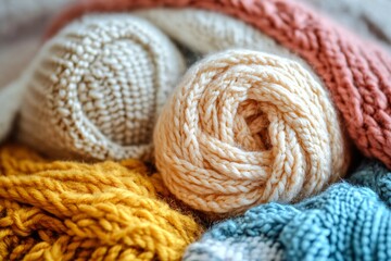 Balls of yarn in pastel colors are laying on a colorful wool fabric, showcasing the beauty of handmade creations