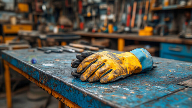 Yellow work glove resting on workbench after a hard day of work in a cluttered workshop