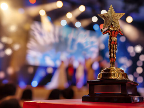 The annual festival awards ceremony showcases the winners receiving recognition on stage. A detailed trophy stands prominently in the foreground, capturing the celebratory atmosphere