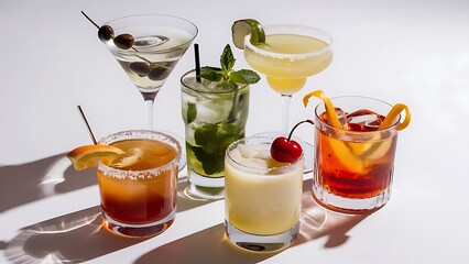 Set of classic alcohol cocktails isolated on white background