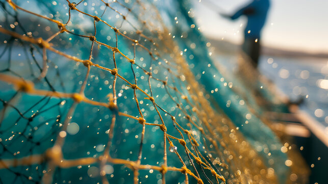 A fisherman skillfully casts his net over sparkling water, creating ripples in the serene environment. The early morning light enhances the scene