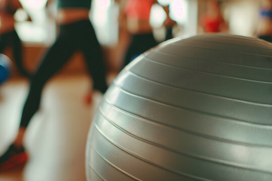 Participants are actively involved in a fitness class utilizing exercise balls, focusing on strength and stability. The atmosphere is energetic and motivating