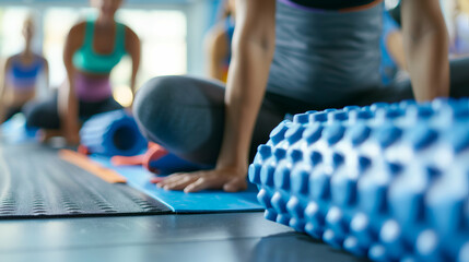 Participants are engaged in stretching exercises using foam rollers in a vibrant fitness studio, promoting flexibility and muscle recovery during a group workout session