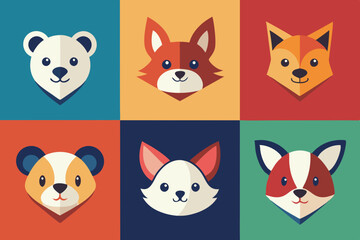 6 adorable animal head logos rabbit cat dog vector illustration  