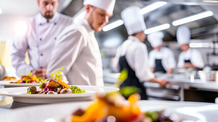 A beautifully presented gourmet dish sits in the foreground as skilled chefs work diligently in a vibrant restaurant kitchen during dinner service, showcasing culinary artistry