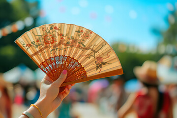 A person holds a stunning hand fan, decorated with intricate floral patterns, while enjoying the lively atmosphere of a summer festival