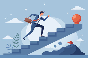 Overcome obstacle, effort or adversity for business growth, difficulty, challenge to win competition, skill or leadership concept, businessman jump over falling boulder to climb up stair of success
