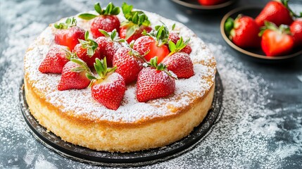 A delightful circular sponge cake, adorned with a delicate dusting of powdered sugar. Resting atop its pristine surface are vibrant strawberries, their juicy presence adding a touch of vibrant color 