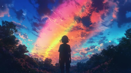 Obraz premium Silhouette of Person at Sunset with Vibrant Sky