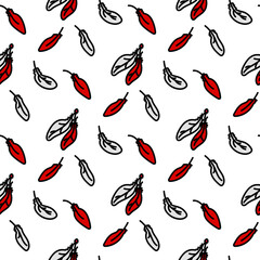 Fototapeta premium Hand-drawn seamless pattern in the form of colored feathers. Soft, light feathers fly, fall. Contour illustration of line and color. Vector illustration-sketch for wallpaper, fabric, textiles. red