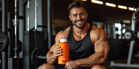 Naklejka premium A man with a big smile on his face is holding a bottle of Gatorade