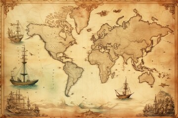 Fototapeta premium World map in an antique style transportation painting vehicle.