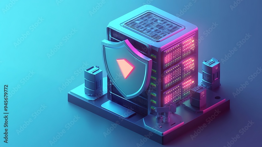 Poster futuristic server rack with shield symbol representing cybersecurity and data protection in a digita